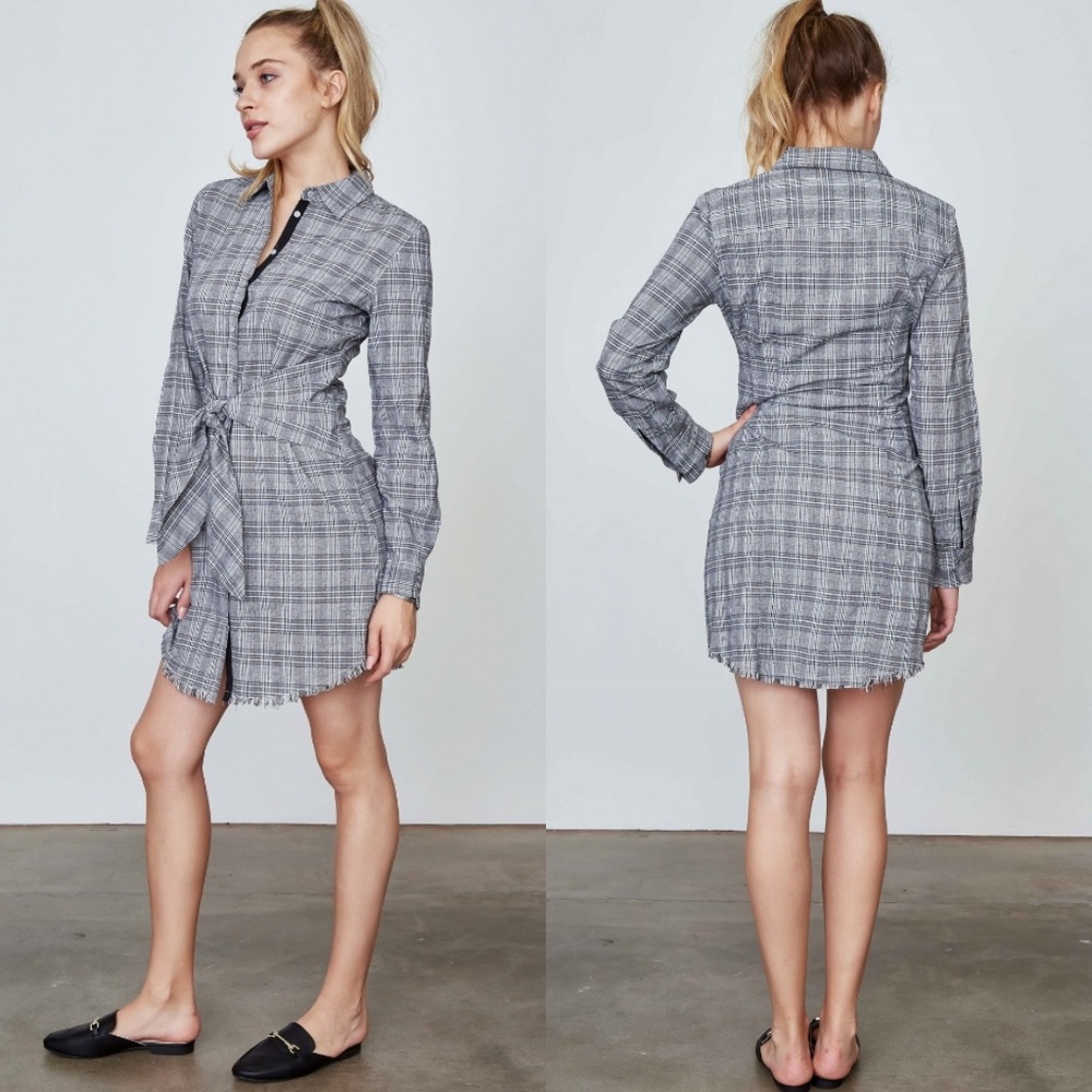💖Gray Plaid Tunic Shirtdress w. Frayed Hem - Picture 2 of 4